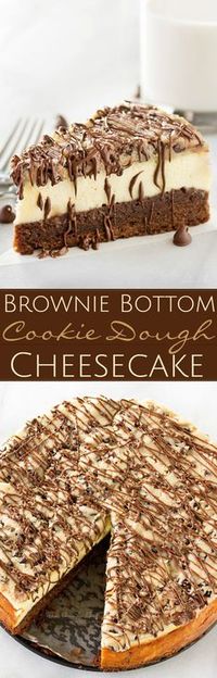 Brownie-Bottom-Cookie-Dough-Cheesecake | This impressive, yet super easy, brownie bottom cookie dough cheesecake looks as fancy as any dessert you've had from a restaurant! The ULTIMATE cheesecake for the ULTIMATE dessert lover! | http://thechunkychef.com