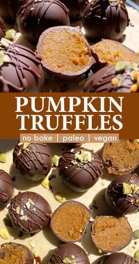 These healthy pumpkin truffles have a creamy pumpkin and date filling that's coated in a rich dark chocolate. They're the perfect no bake fall dessert! This pumpkin truffle recipe is gluten free, dairy free, paleo and vegan.