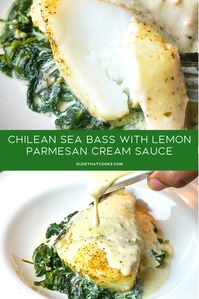 Baking this delicious dish sealed in foil along with garlic cream spinach adds additional flavor while it steams the fish to perfection. The lemon sauce blended with Parmesan cheese and whipping cream creates a sauce that is perfect for my Foil Baked Chilean Sea Bass with Lemon Parmesan Cream Sauce recipe! #fish #seafood #chileanseabass #lemonsauce #creamsauce #parmesan #garlicspinach #spinach #lowcarb #keto #seabass #healthymeals #dinnerideas #lowcarbrecipes #ketorecipes