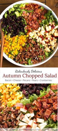 Succulent pears, salty bacon, tart cranberries, sharp cheese, and crunchy pecans with a sweet balsamic dressing on a bed of romaine. If you are looking for a special salad to wow your guests this is it! #salad #AutumnChoppedSalad #pears #bacon