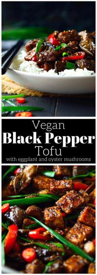 This vegan black pepper tofu recipe is everything you ever wanted tofu to be. It’s crispy on the outside, light and airy on the inside and smothered in a savory, sweet, fiery black pepper sauce that will have you licking your chopsticks. Tossed with meaty oyster mushrooms and creamy pan-fried eggplant served over rice, this easy tofu recipe is a complete meal on one plate.