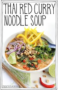 Thai Red Curry Noodle Soup! 30 minute, vegan, gluten-free, one pot meal! This coconut red curry soup is quick and easy to make and is so slurpably good. #itdoesnttastelikechicken via @bonappetegan