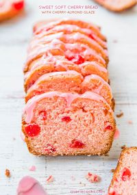 Sweet Soft Cherry Bread with Cherry-Almond Glaze - An easy quickbread that's perfect for Valentine's Day, Easter, or Mother's Day! @Averie Sunshine {Averie Cooks} Sunshine {Averie Cooks}