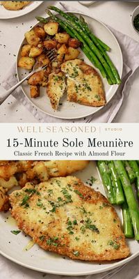 Sole Meunière is a classic French dish featuring lightly pan-fried fish filets with a luscious lemon and browned butter sauce. The fish is coated in almond meal and all-purpose flour, which gives the already delicate, flaky fish a crisp, golden brown exterior. Melt-in-your-mouth delicious, and perfect with any simple side dish, such as potatoes, roasted vegetables, or a side salad. Easily adaptable to be gluten-free and dairy-free. #wellseasonedstudio #Meunière #sole #easyrecipe #seafoodrecipe