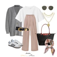 This easy fall outfit idea is perfect for work or busy moms, casual cardigan outfit look with sambas and dress pants perfect white tee.