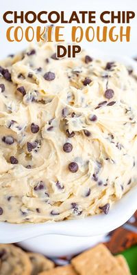 Chocolate Chip Cookie Dough Dip - This chocolate chip cookie dough dip makes a great party dessert dip! It's so creamy, fluffy, and made with mini chocolate chips. Double down on the chocolate chip cookie part and dip your cookies in it too! #cookiedoughandovenmitt #gamedayfood #gamedaydip #cookiedough