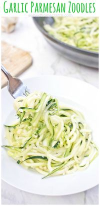 Swap out the pasta for fresh zucchini noodles and add garlic and Parmesan for Garlic Parmesan Zoodles, an easy and delicious side dish or light dinner that’s ready in less than 15 minutes!  #zoodles #recipe #garlicparmesan #howtomake