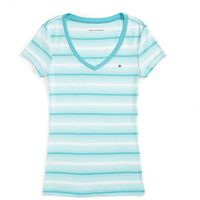 Tommy Hilfiger Multi Stripe Vneck Tee ($23) ❤ liked on Polyvore featuring tops, t-shirts, cotton v-neck tee, cotton tee, cotton t shirt, blue v neck t shirt and cotton v neck t shirts