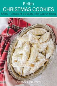 Whether you call them kiflies, kifli, roszke, kolaczki, or kolache, these traditional Polish crescent cookies with walnut filling are buttery, delicate, and melt-in-your-mouth favorite Christmas treat. | allthatsjas.com | #kiflies #cookies #polish #crescent #walnuts #baking #recipes #comfortfood #holidays #Christmas #kieflies #kiffles #rolls #roszke #allthatsjas #homemade #dough #kolache #kolacky #dessert