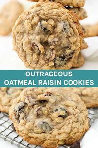 Sink your teeth into these thick, soft & chewy Oatmeal Raisin Cookies. These cookies are loaded with spiced cinnamon, raisins and chewy oats. This is a simple cookie recipe to make and can be made ahead of time. Plus, they stay fresh for days! #oatmealraisincookies #easyoatmealraisincookies #chewyoatmealraisincookies