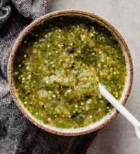 Homemade tomatillos salsa in a bowl.