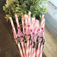 Celebrate any occasion with these unique and custom face straws! This listing is for one photo only. For any additional photos a fee of $5 will be charged. ♥ paper straws are pink and white stripes ♥ hat is pink with a glitter printed effect. ♥ straws come with faces adhered and ready to use for your event. ♥ face cut out are laser printed and NOT waterproof To order matching cupcake toppers please click here: https://www.etsy.com/listing/727933383/milestone-face-cupcake-toppers-birthday * this