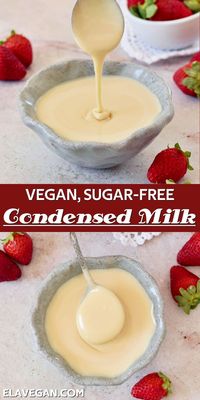 How to make vegan condensed milk in 5 minutes - with no heating required! This 'instant' condensed milk substitute uses just 3 ingredients (plus salt and water) and can even be made sugar-free (low-carb or keto)! #condensedmilk #vegancondensedmilk #homemadecondensedmilk #condensedmilksubstitute #sugarfreecondensedmilk #elasrecipes | elavegan.com