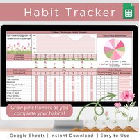 Erhöhen Sie Ihre Reise zur Gewohnheit mit unserer bezaubernden wöchentlich wachsenden rosa Blumen Habit Tracker- Tabelle. Diese Google Sheets Tabelle ist der perfekte digitale habit tracker um deine wöchentlichen Gewohnheiten mit deinem Handy, Tablet oder Computer zu planen. Dieser digitale ADHS habit tracker und Zielplaner kann Ihnen helfen, in diesem Jahr gesunde Gewohnheiten aufzubauen! 🌸 Lass Blumen wachsen, während du deine Ziele erreichst Während Sie beständig Ihre Angewohnheiten abhaken,