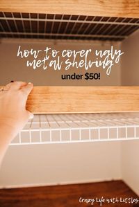 #linencloset #organization #bathroomideas cover ugly metal shelving with faux floating shelves! This budget friendly DIY will completely transform your pantry, linen closet or bedroom closets.