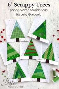 "These seven 6\" foundation paper-pieced Scrappy Christmas Tree foundations were designed to add extra variety to the tree quilt in the Seasonally Scrappy pattern. You can also use these seven add-on foundations in your own quilt designs! These cute trees would be great for a Christmas quilt or an outdoor themed quilt. This is a pdf pattern and will be available for download immediately after purchase. You can find more Seasonally Scrappy Patterns here: https://www.etsy.com/shop/LeilaGardunia?re