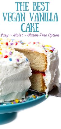 An easy vegan vanilla cake made with simple everyday ingredients. No egg replacers or fancy vegan ingredients. Bakes up perfectly moist and delicious every time with regular or gluten-free flour. The perfect vegan birthday cake! #thehiddenveggies