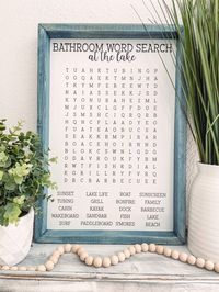 Bathroom Word Search Wooden Sign This charming framed sign is the perfect addition to your modern farmhouse decor!  Details: * Lettering is printed onto the sign *Frame is made with new pine wood.  * Sawtooth hanger hardware attached for easy hanging *If you'd like a different saying/quote or size, message me! **IMPORTANT** *Make sure your Etsy account information and address are up to date. If you need to send it as a gift, make sure to change the ship to address because shipping charges vary from location to location. * Please note that wood has natural imperfections such as knots, dents and cracks which make each sign unique and different. Sign colors may also differ due to lighting, screen resolutions and wood. No two signs will ever be exactly identical.  * Please read all shop polici