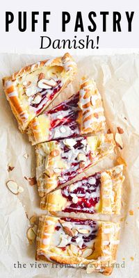 Raspberry almond puff pastry Danish is an easy homemade Danish recipe that's not too sweet, with a rich cream cheese filling and the perfect flaky crust. Breakfast just got a whole lot more interesting!