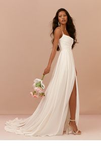 Look beautiful on your big day while wearing our crepe back satin A-line gown, Caymus. Her scoop neckline is held by spaghetti straps and the bodice has delicate pleating. Her back has fabric covered buttons that run to the chapel train box pleat skirt. We have added a leg slit to give it more movement.