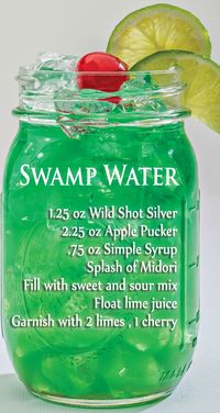 Swamp Water Recipe 1.25 oz wild silver shot 2.25 oz apple pucker .75 oz simple syrup splash of midori Fill with sweet & sour mix Float of lime juice Garnish with 2 limes, 1 cherry