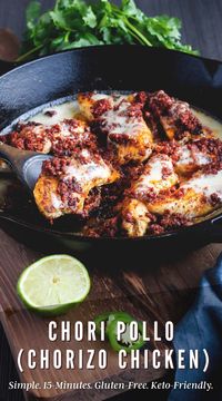 Chori pollo is a simple Mexican dish that combines chicken and chorizo and is then topped with cheese. It takes just 15-minutes to prepare, requires only ten ingredients, is gluten-free, and keto-friendly. #choripollo #chickenandchorizo #Mexicanchickenrecipes #chorizorecipes #easychickendinner