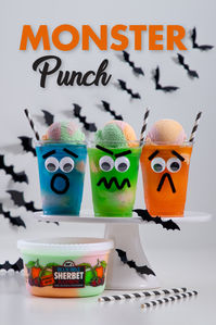 Let's make a not-so-scary Monster Punch! Your little goblins will have a frighteningly good time making these tasty drinks featuring Blue Bell Rainbow Sherbet.