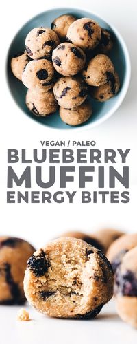 Tasty little balls of blueberry muffin that are unbaked but still fluffy like cake and healthy too. Plus an easy trick for dried blueberries in the oven! #vegan #glutenfree #paleo #nobake #snacks #blueberry #easyrecipe #energyballs