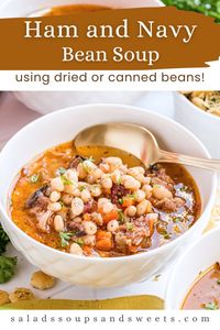 Cozy up with this delicious Navy Bean and Ham Soup! Whether you're using canned or dried beans, this recipe is simple to make and perfect for leftover holiday ham or ham hocks. Filled with tender beans and smoky ham flavor, this hearty soup is a comforting meal for chilly days. Great for easy weeknight dinners or meal prep!