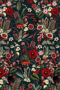 Fabulous botanical wallpaper pattern with red flowers and mandrills.