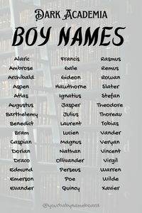 Baby boy names inspired by dark academia aesthetic. #boynames #babynames #dark #darkacademia #academia #aesthetic #nameinspo #nameideas #babyshower #nursery #popular #fyp #genderreveal #boymom #momthings #momlife #pregnant #pregnancy #expecting #maternity #fashion #spring #reading #poetry #ttc #newmom #love #beauty #unique #names