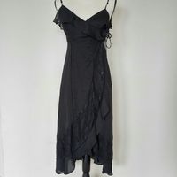 Bardot Midnight Lace Ruffle Wrap Front Tie Dress. High Front, Low Back.Size 6 Length Front= 21.5 Back= 37.5" Armpit To Armpit=18"