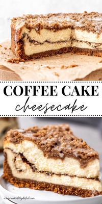 Coffee cake and cheesecake combine in this delicious and perfect dessert! We have all the classic qualities you'd find in a coffee cake (cinnamon swirl, crispy streusel and a drizzle of icing on top) but in cheesecake form with the added deliciousness of a crispy graham cracker crust and silky smooth cheesecake filling! #cheesecake #coffeecake #cake #baking #recipes