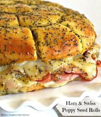 Kick start the party with these gooey pull apart Ham and Swiss Poppy Seed Rolls #hamrolls #hamandswiss #pullapartrolls #poppyseedrolls #hamrecipes #appetizers #sandwiches #sliders #hamandswisspoppyseedrolls #southernfood #holidayappetizers #southernrecipes