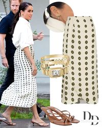 Aug, 2024,  Meghan’s Fashion Details:  - Shirt: #giulivaheritage Button Down Shirt. - Skirt: #juandedios Amaime Silk Martellato Midi Skirt. - Earrings: #ecksand Drop Earrings. - Watch: Princess Diana’s #cartier Yellow Gold Tank Française Watch. - Bracelet: #cartier 'Love' Bracelet. - Shoes: #jimmychoo Etana 50 leather mules.