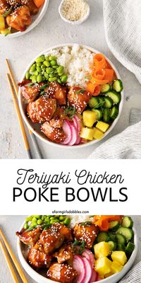 These Teriyaki Chicken Poke Bowls feature sushi rice, teriyaki chicken, pineapple, and your choice of fresh toppings for an easy, healthy lunch or dinner that's loaded with fresh flavor. The ability to customize the toppings makes these a hit with the whole family!