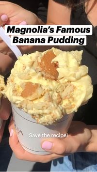 20min · 16 servings  Magnolia Bakery gave us their secret banana pudding recipe and we're sharing the wealth 🙌    • One 14-ounce can sweetened condensed milk  • 1 1/2 cups (360 grams/12.7 ounces) ice-cold water  • One 3.4-ounce package instant vanilla pudding mix (preferably Jell-O brand)  • 3 cups (720 grams/25.5 ounces) heavy cream  • One 11-ounce box Nilla wafers  • 4 to 5 ripe bananas, sliced