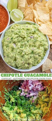 Chipotle Guacamole (Copycat) made with the authentic Chipotle recipe including lime juice, cilantro, red onions and jalapeños takes guacamole to a new level at home in 15 minutes! #guacamole #copycat #copycatrecipes #chipotle #guac #mexicanfood #avocado #appetizer #dinnerthendessert