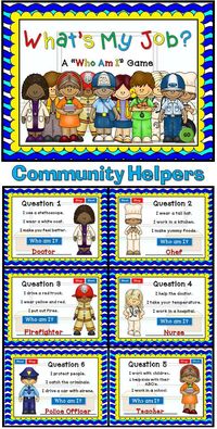 My first Social Studies PPT Game!    This "Who Am I" game will be tons of fun for your students. There are 10 questions and you just click on each question to go to it.  Each question has 3 clues and student have to guess which community helper it describes.  Clues include tools they may use, what they do, and where they may work.   Great as a whole class or rainy day activity.