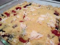 Berry-licious Cobbler – Recipe. Skinny version    1 box Sugar Free Yellow Cake Mix  12 ounces Sprite Zero  24 ounces Mixed Berries (Frozen-unsweetened)  1 dollop Fat Free Cool Whip