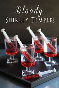 Bloody Shirley Temples~T~ These are so cute. Use Sprite or 7-up, suck up Grenadine in syringe and place in glass. For adults add some vodka.