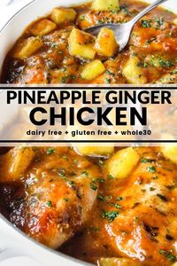 This Pineapple Ginger Chicken is tangy and sweet. No refined sugar. No junk. Just big bright flavors like pineapple, medjool dates, and fresh ginger. So good I bet you'll lick your plate. Plus it's dairy free, gluten free, and Whole30.