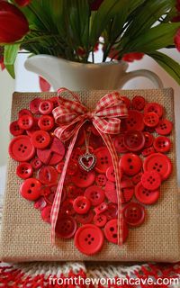 From The Woman Cave. Red button heart on a burlap canvas. What a sweet Valantine!