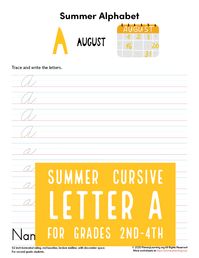 Students practice writing the letter A in cursive learn summer-related words: air conditioner, August, amusement park, adventure. Perfect for kids in grades 2nd to 4th. #handwriting #cursive #summerlearning #secondgrade #thirdgrade #fourthgrade https://primarylearning.org/worksheet/the-letter-a-in-cursive/?utm_source=pinterest&utm_medium=social&utm_campaign=handwriting&utm_term=summer&utm_content=cursive