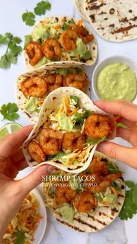 These air fryer SHRIMP TACOS are the ultimate fresh, quick, healthy weeknight meal! 🍤🌮shrimp (prawns) are tossed in a smoky dry rub served in warm tortillas with a simple cabbage slaw and delicious AVOCADO CREMA 🥑 Cre by @goodnessavenue here’s what you’ll need: 1lb/ 450g raw shrimp (prawns) paprika, coriander + garlic olive oil shredded green cabbage grated carrot fresh coriander (cilantro) flour tortillas avocado crema: plain greek yoghurt 1 small ripe avocado fresh lime juice salt + pepper