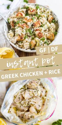 This instant pot greek chicken is covered in olive oil and herb marinade and cooked in 10 minutes with the rice for a one pot meal. This recipe is so easy and great for meal prep greek chicken bowls. It's gluten free and dairy free too! 