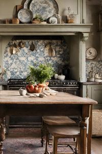 French Country Kitchen with Rug Distressed Cabinets