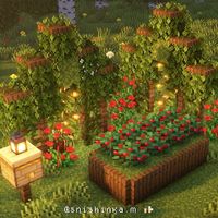 This isnt mine but i know what it is. Berries, grass, spruce trapdoor,spruce flat thingy, leaves, beehive thingy in bed section, spruce fence, rose thingy in flower section, and lantern.