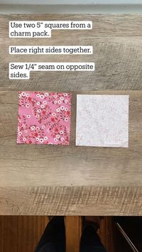 Use two 5” squares from a charm pack. Place right sides together. Sew 1/4” seam… in 2022 | Beginner quilting projects, Patchwork quilting designs, Block quilting designs