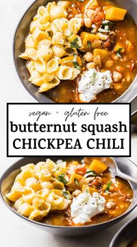 Easy vegan Butternut Squash CHICKPEA CHILI that's loaded with flavor and super filling. And, it's even better when topped with mac and cheese (yes really!) #chili #vegan #chickpeachili #glutenfree